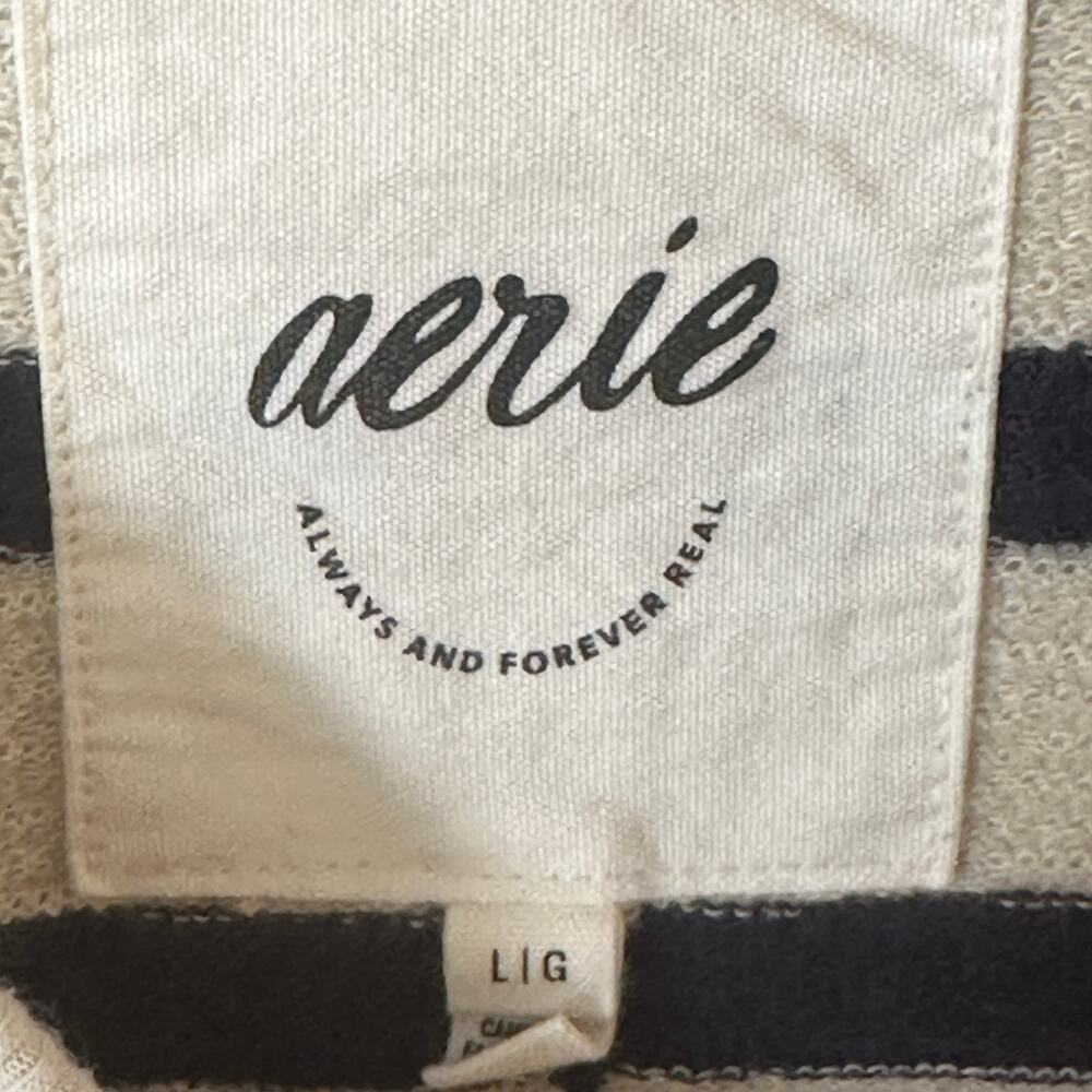 Aerie East West Crew Sweatshirt Womens Large Ivory Navy Striped Oversized Beachy - Picture 6 of 10